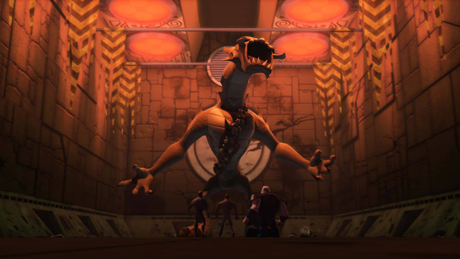 Animated 桌布 壁紙 — 一條高聳的動畫龍，擁有發光的橙色眼睛，威嚴地站在石室中，小人物們敬畏地仰望。