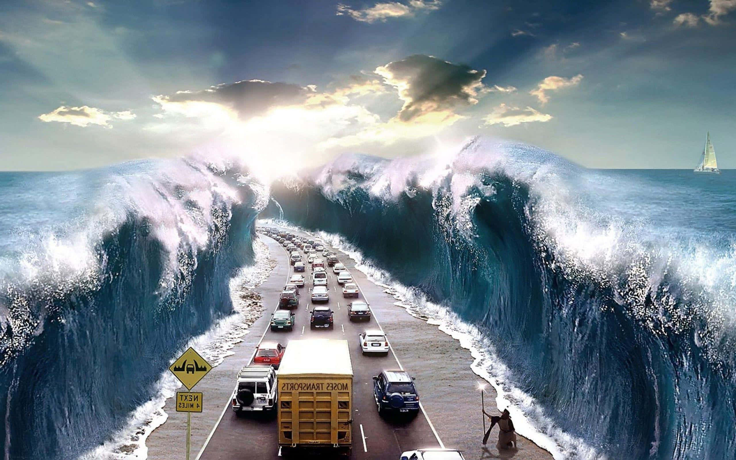 Surrealism 桌布 壁紙 — 一條高速公路被夾在巨大的海浪之間，天空戲劇性，遠處可見一艘帆船。