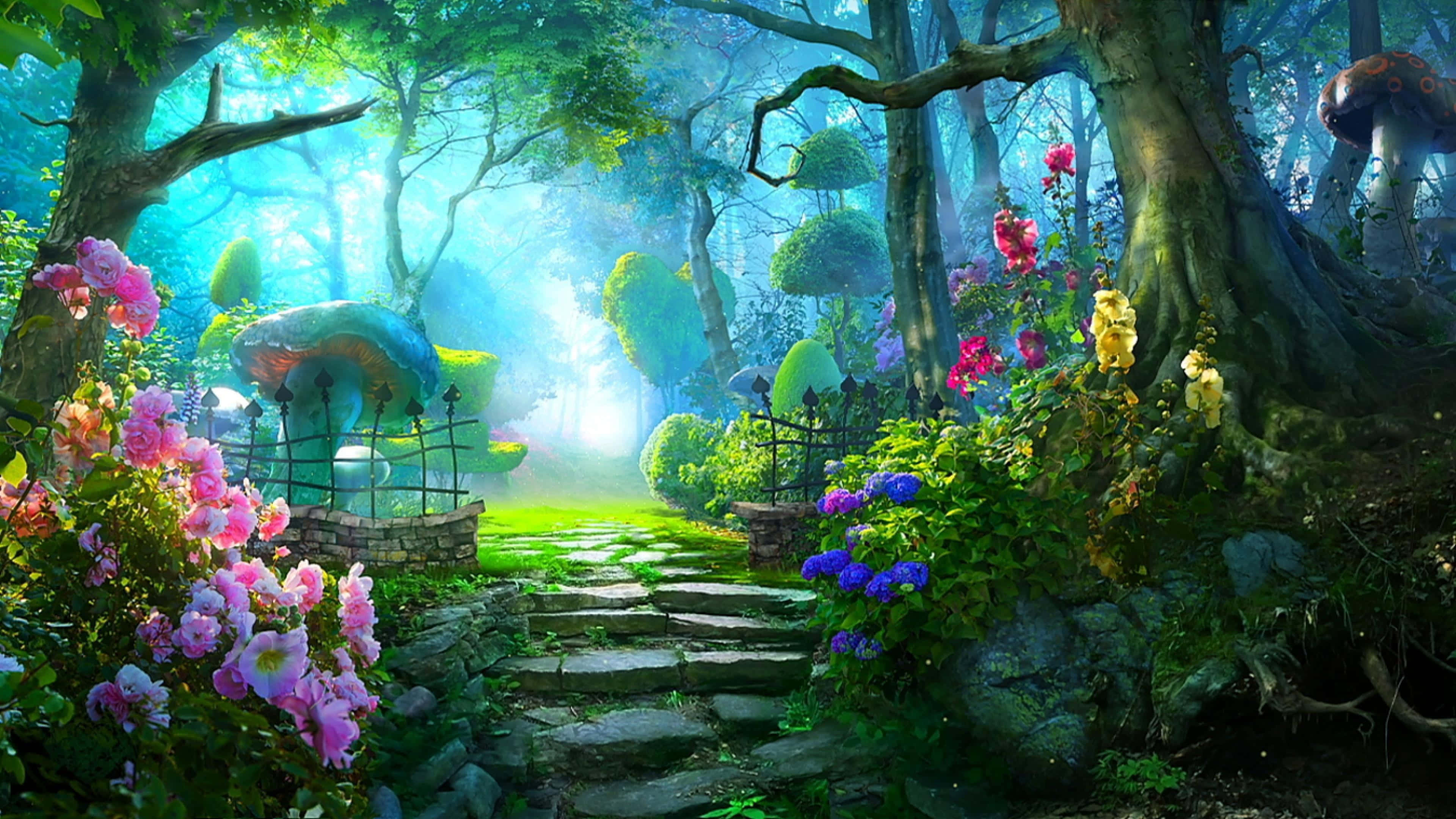 Enchantment 桌布 壁紙 — 一條魔法森林小徑，兩旁開滿鮮豔的花朵和巨大的蘑菇，沐浴在空靈的藍綠色光芒中。