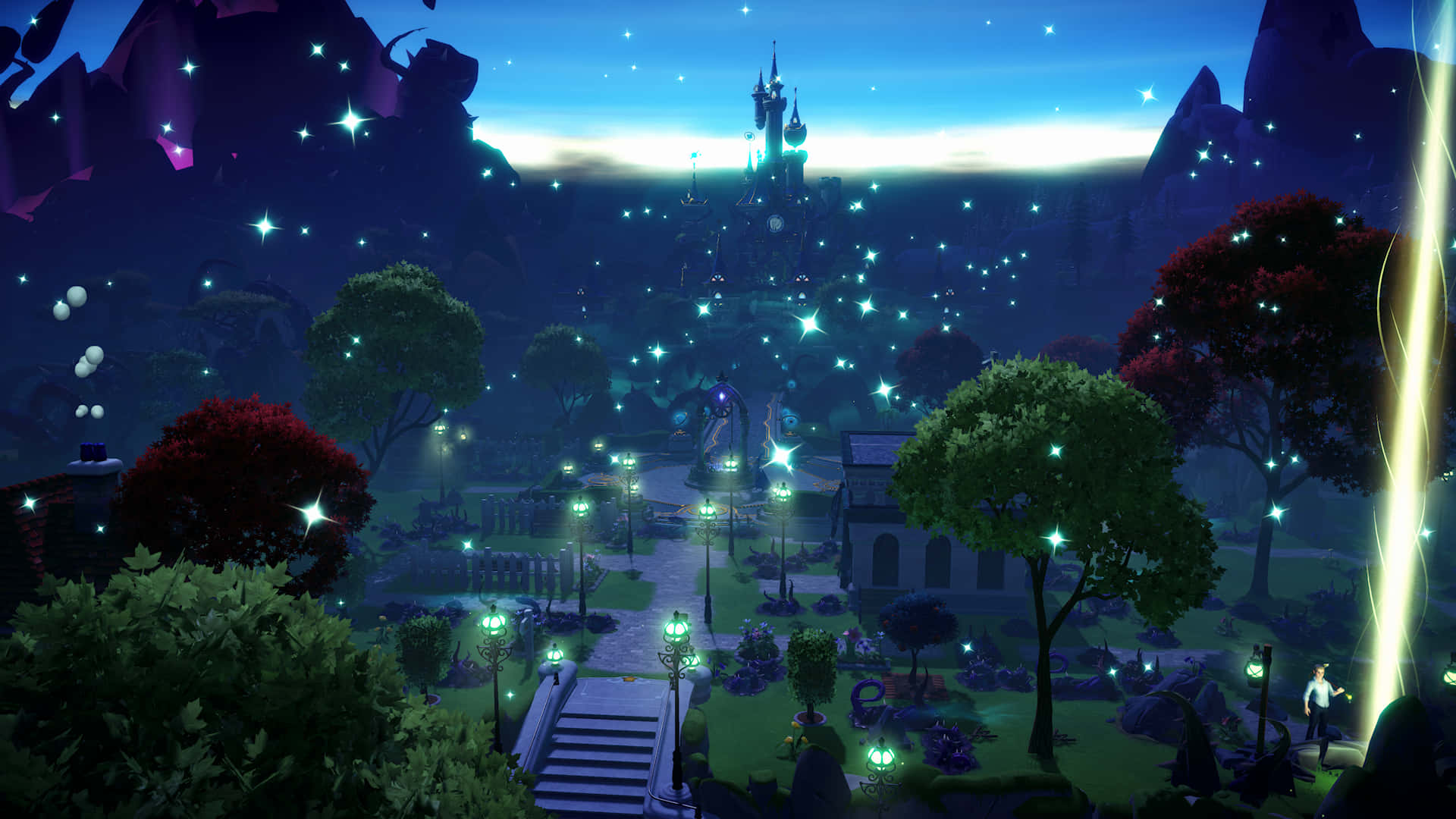 1920x1080 Disney 桌布 壁紙 — 一條魔法般的暮光花園小徑，在星空下通往一座發光的城堡，周圍有漂浮的燈光和色彩繽紛的樹木。