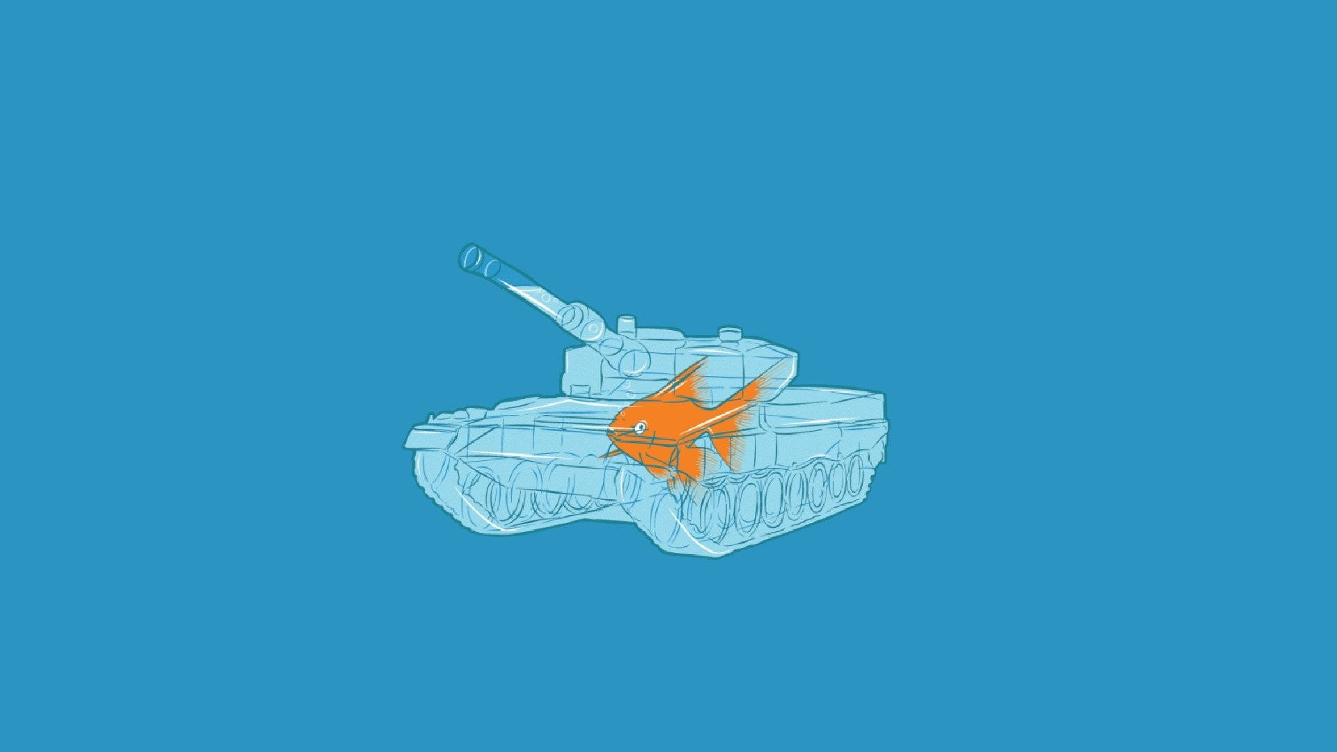 Tanks 桌布 壁紙 — 一條鮮橙色的魚在淺藍色輪廓的魚缸上游動，背景是純青色。