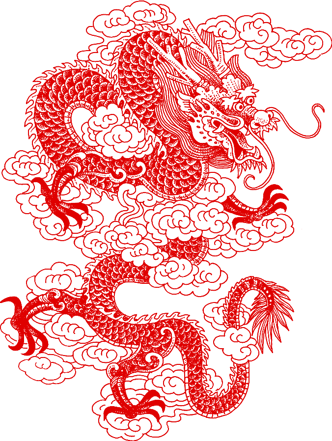 中國龍 桌布 壁紙 — 一條鮮紅色的傳統中國龍在漆黑的背景中動態地盤旋於翻滾的雲霧之間。