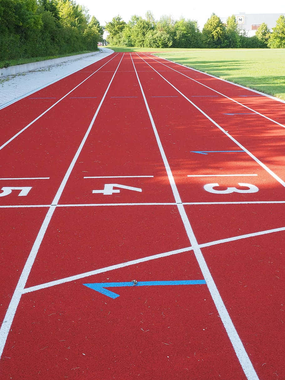 track 桌布 壁紙 — 一條鮮紅色的跑道，帶有白色賽道標記，在明亮的日光下延伸至遠方。