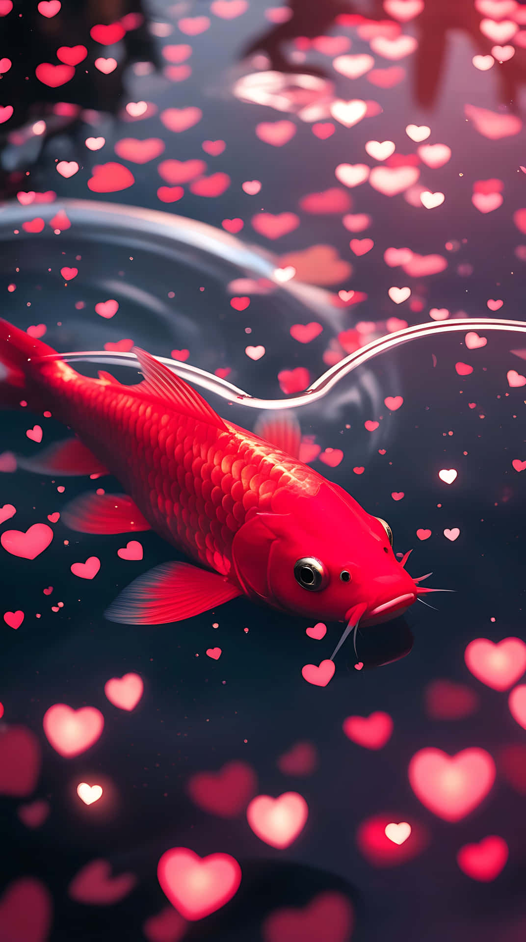 Red Kohaku Fish in Heart-Shaped Pond – Love Wallpaper for Smartphone 壁紙 — 一條鮮紅色的錦鯉優雅地游過點綴著發光粉紅色心形的黑暗水域。