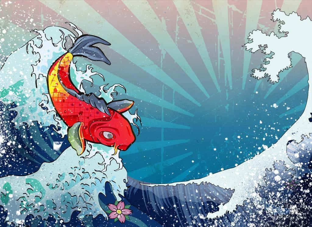 Koi Fish 桌布 壁紙 — 一條鮮紅色的錦鯉在風格化的海浪中躍起，下方是燦爛的陽光，附近漂浮著一朵粉紅色的花。