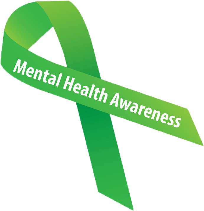 Health 桌布 壁紙 — 一條鮮綠色絲帶，上面有白色文字寫著 Mental Health Awareness，背景為黑色。