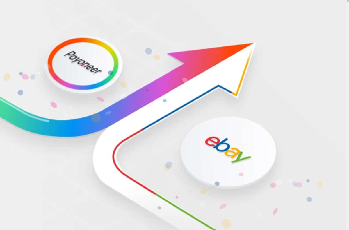 eBay 桌布 壁紙 — 一條鮮豔的彩虹箭頭從Payoneer標誌向上指向eBay標誌，周圍飄浮著五彩紙屑。