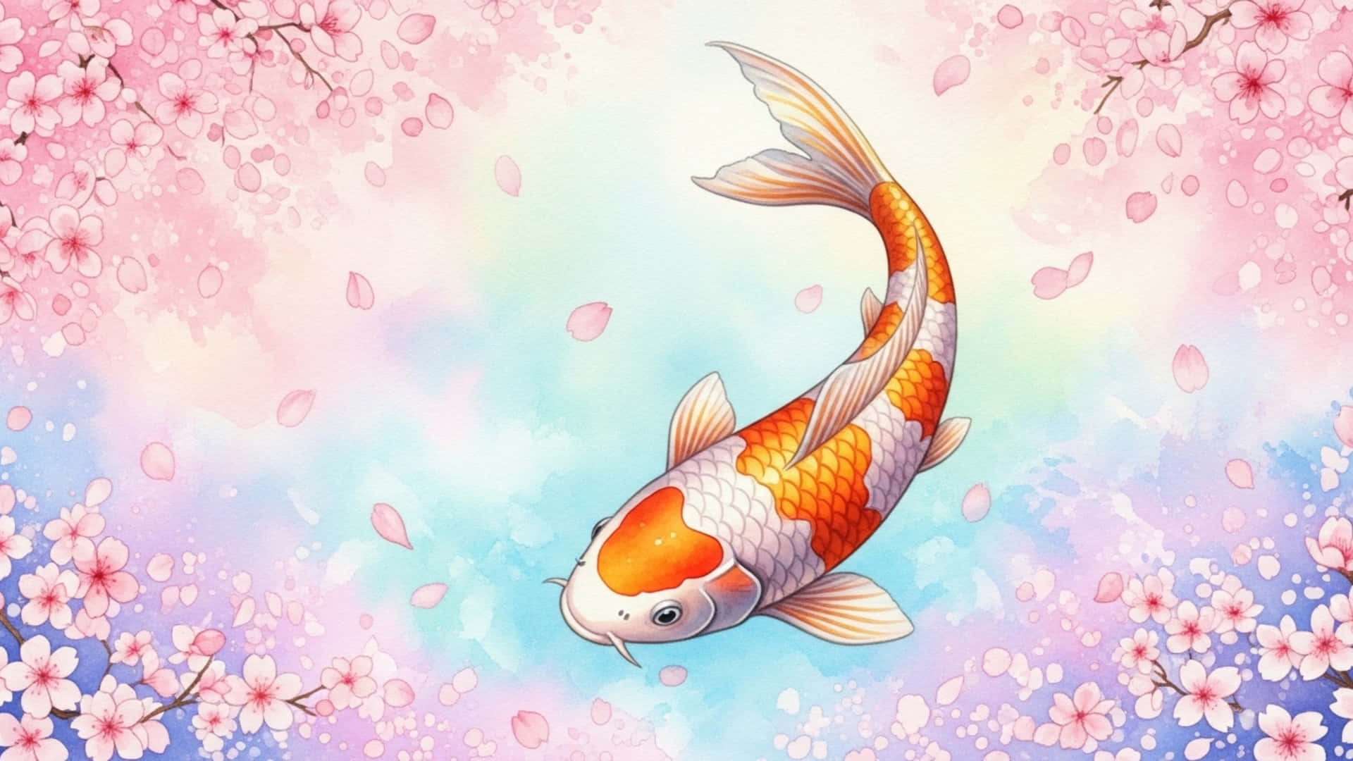 A serene koi fish swimming through a sky of cherry blossom petals 壁紙 — 一條鮮豔的橙白色錦鯉在盛開的粉紅櫻花環繞的粉彩天空中優雅地游動。