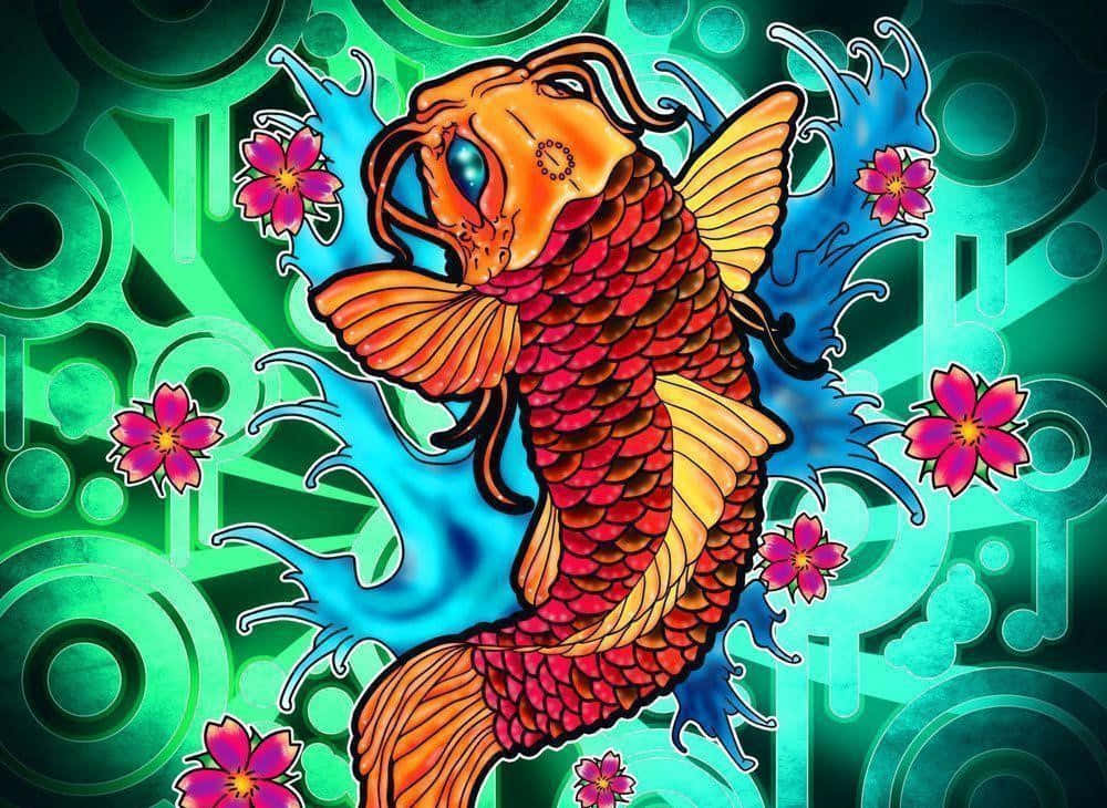 Koi Fish 桌布 壁紙 — 一條鮮豔的橙紅色錦鯉，伴隨著藍色水漩渦和粉紅色花朵，在綠色圓形圖案背景中游動。