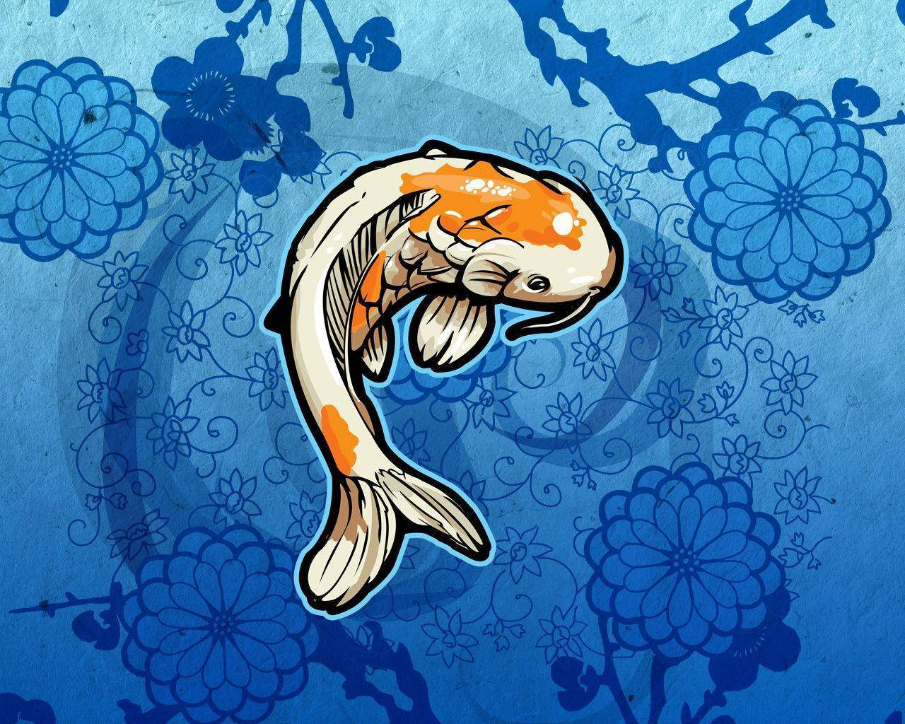 魚 桌布 壁紙 — 一條鮮豔的橙色和白色錦鯉在帶有紋理的藍色背景上優雅地游動，背景飾有花卉圖案。