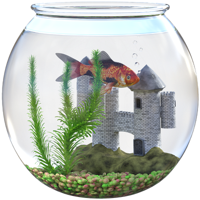 金魚 桌布 壁紙 — 一條鮮豔的橙色和黑色金魚在一個圓形玻璃魚缸中游近一個微型石城堡，魚缸內有綠色植物和鵝卵石。