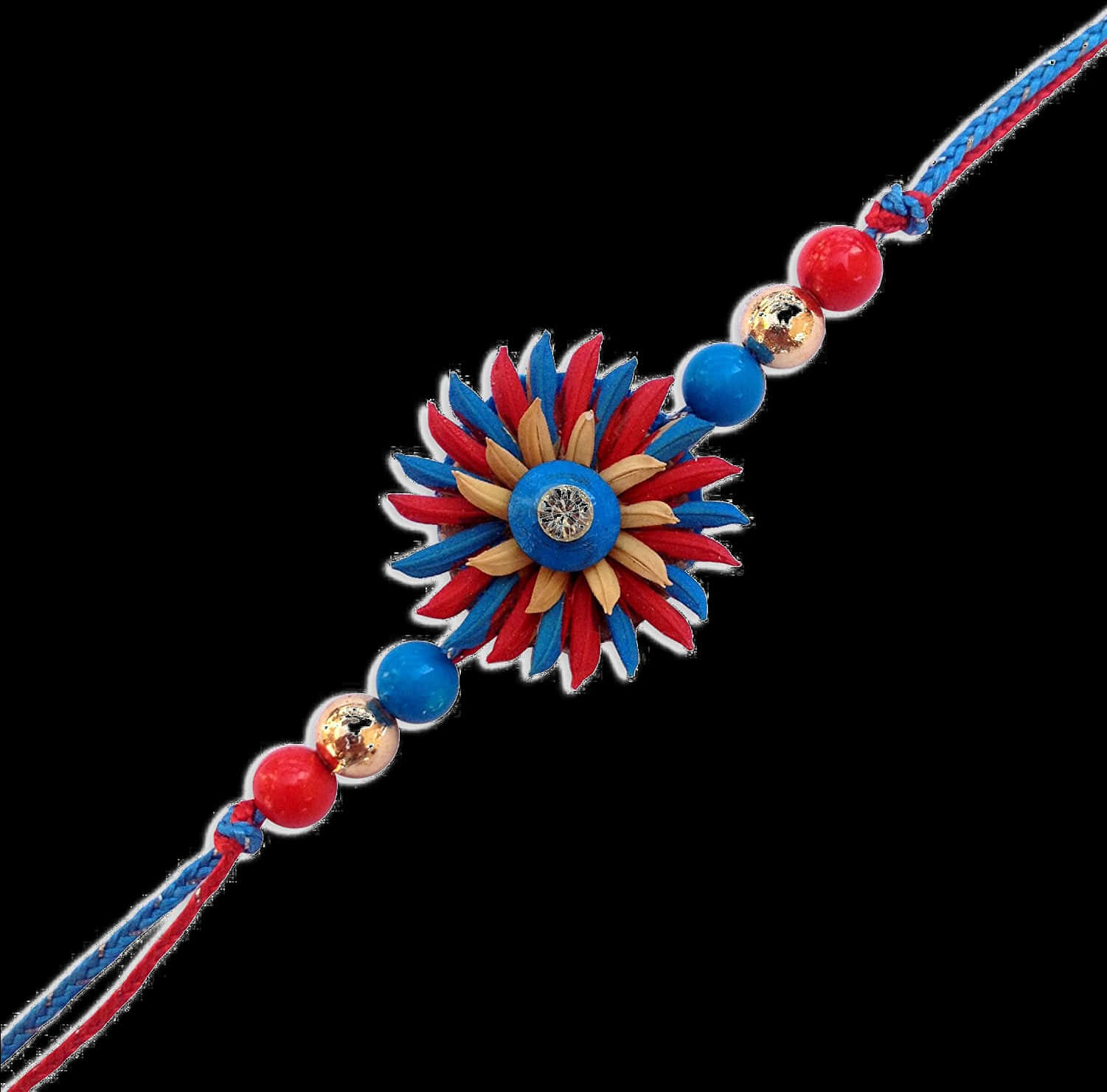 Bracelet 桌布 壁紙 — 一條鮮豔的紅、藍、金色珠子拉基，中心有花卉圖案，襯托在純黑背景上。
