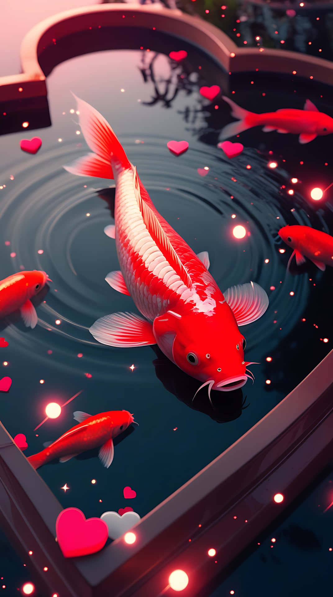 Red Kohaku Fish in Heart-Shaped Pond – Love Wallpaper for Smartphone 壁紙 — 一條鮮豔的紅白錦鯉在一個心形池塘中優雅地游動，池塘裝飾著漂浮的粉紅心形和發光的燈光。