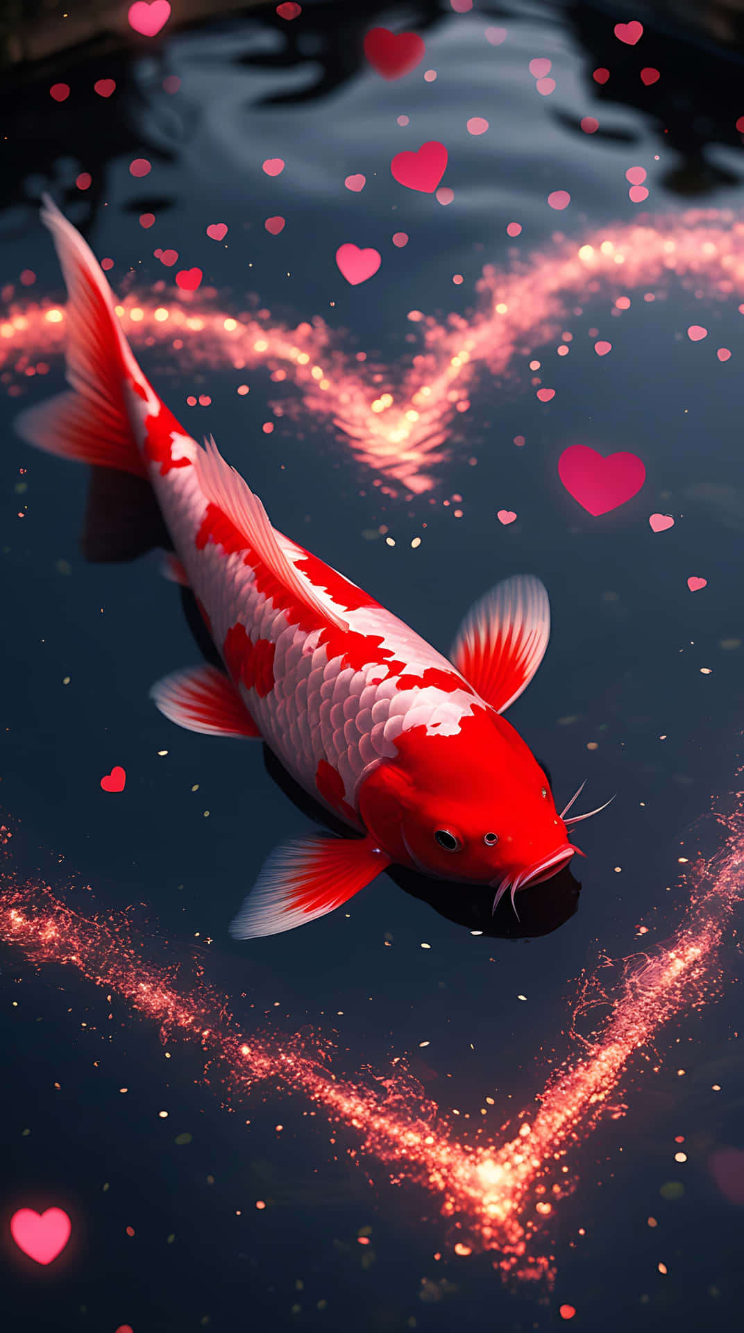 Red Kohaku Fish in Heart-Shaped Pond – Love Wallpaper for Smartphone 壁紙 — 一條鮮豔的紅白錦鯉在黑暗的水中優雅地游動，周圍環繞著發光的粉紅色愛心和閃爍的光跡。