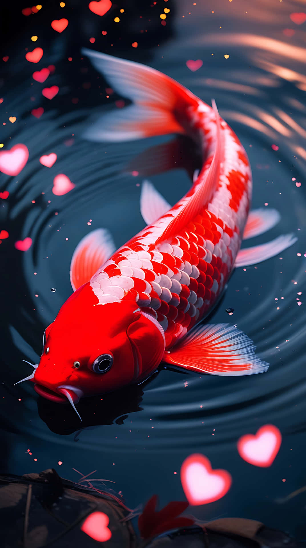 Red Kohaku Fish in Heart-Shaped Pond – Love Wallpaper for Smartphone 壁紙 — 一條鮮豔的紅白錦鯉在黑暗的水中優雅地游動，周圍環繞著發光的粉紅色愛心和漣漪。