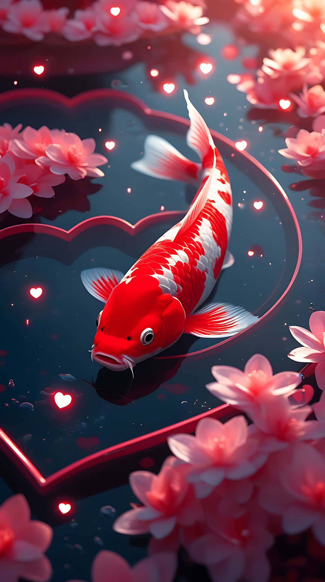 Red Kohaku Fish in Heart-Shaped Pond – Love Wallpaper for Smartphone 壁紙 — 一條鮮豔的紅白錦鯉在黑暗的池塘中優雅地游動，周圍漂浮著粉紅色的櫻花和發光的愛心形燈光。