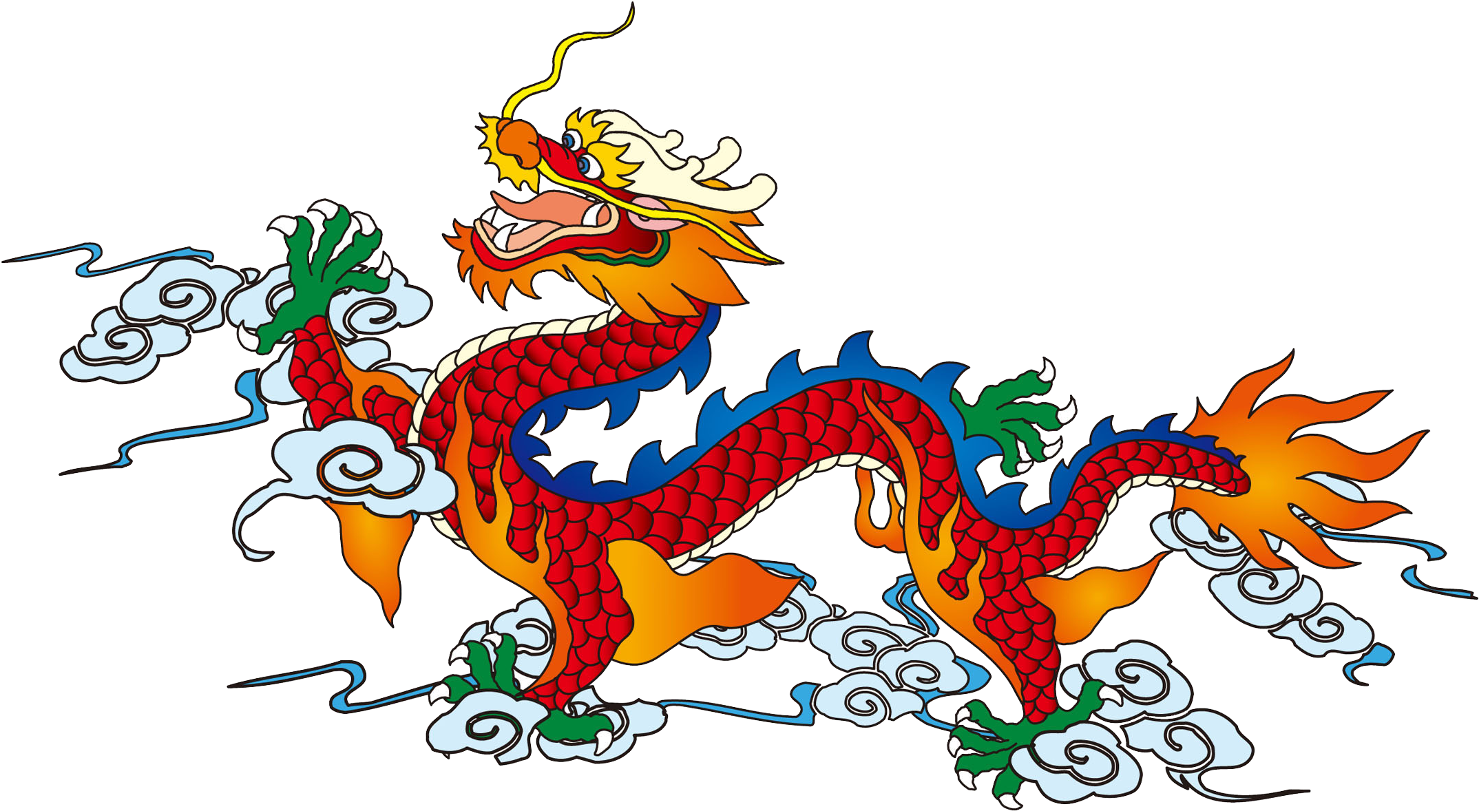 中國龍 桌布 壁紙 — 一條鮮豔的紅金色中國龍，帶有綠色爪子和藍色點綴，在黑色背景上動態地盤旋於旋轉的白雲之中。