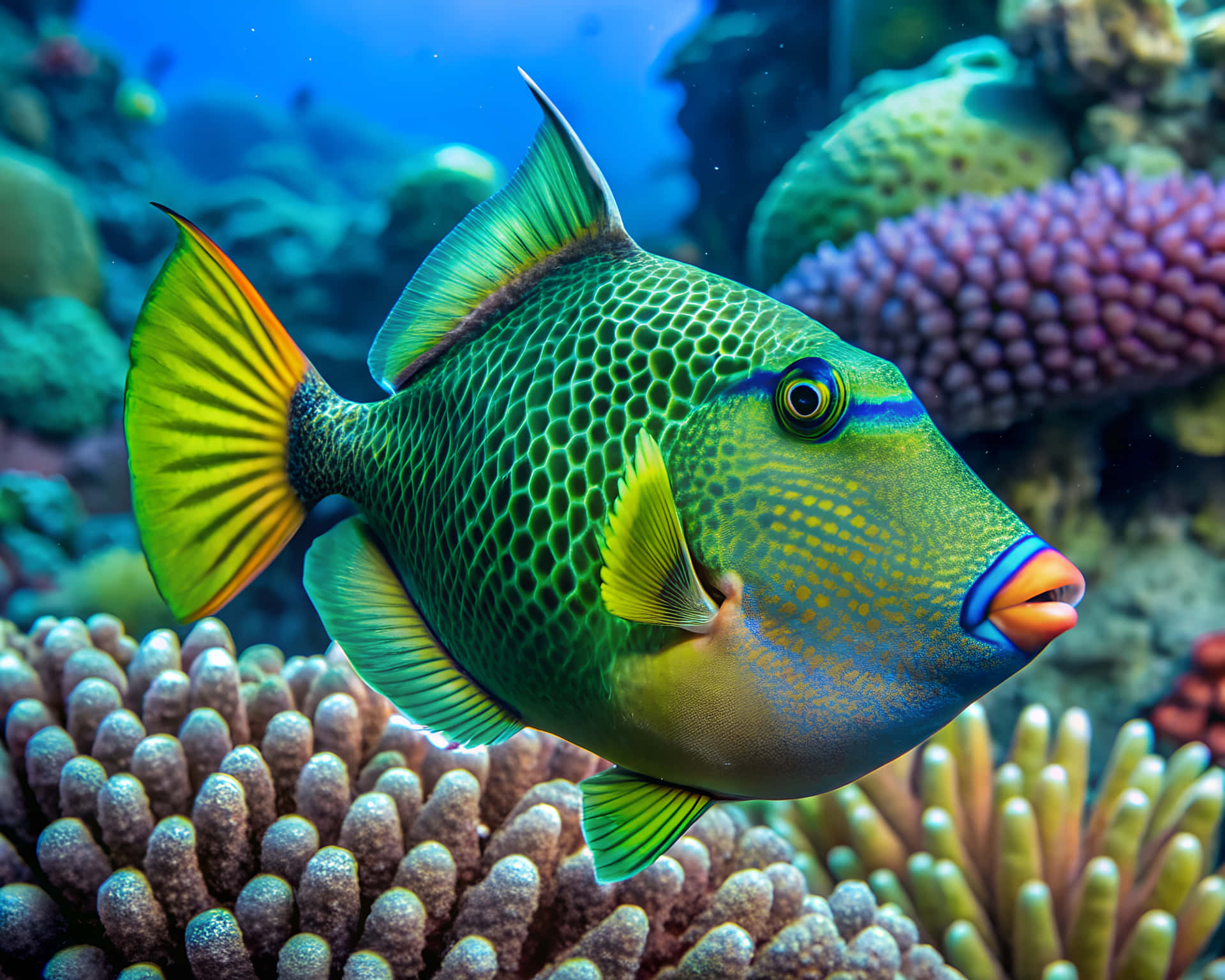 Fish on the ocean floor 壁紙 — 一條鮮豔的綠色和黃色扳機魚在清澈的藍色海水中，於色彩繽紛的珊瑚群中優雅地游動。