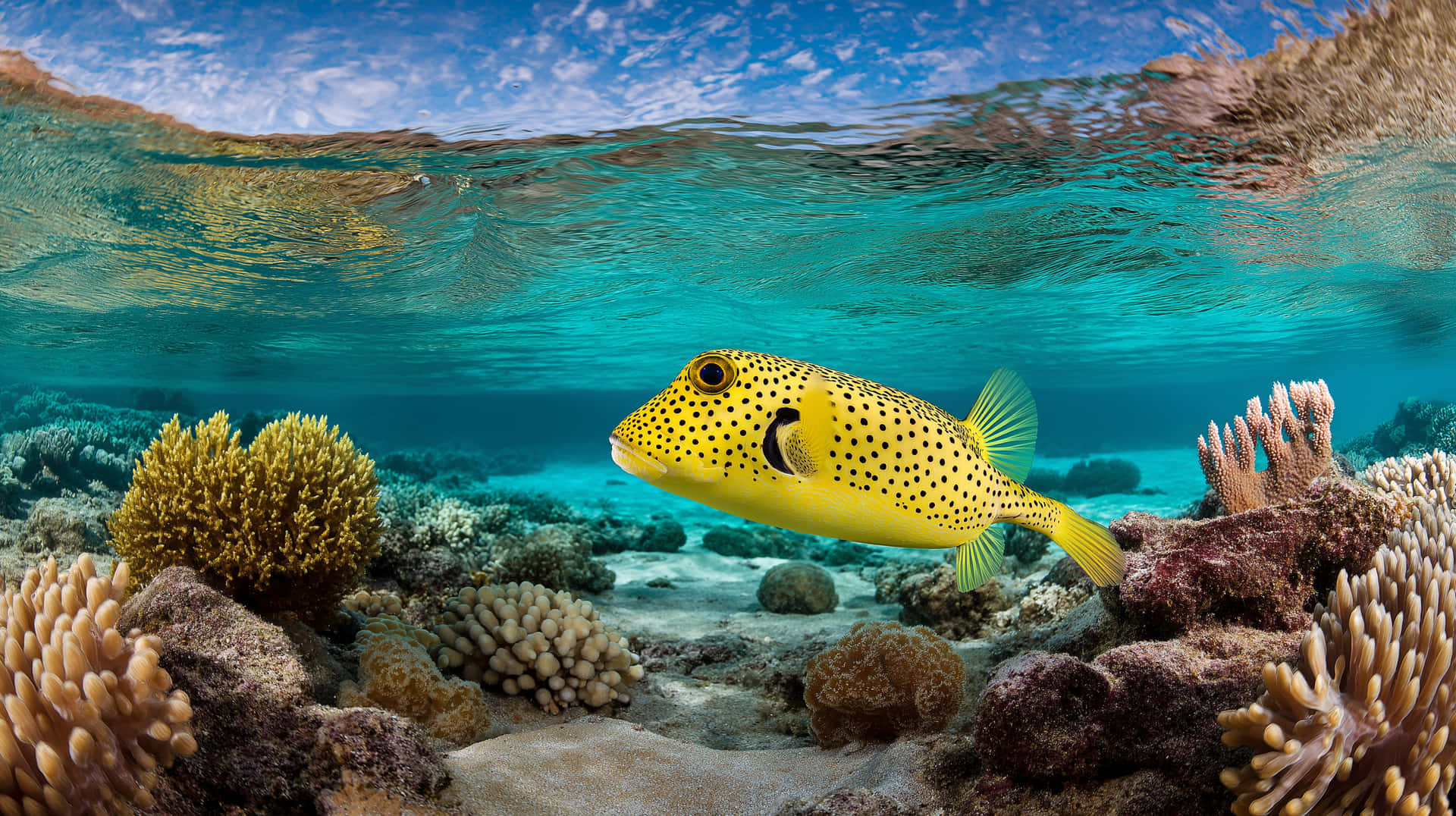 Tropical Pufferfish Over Coral Reef in Clear Ocean 壁紙 — 一條鮮黃色的箱魨帶有黑色斑點，在陽光普照的碧綠海面下優雅地游過色彩繽紛的珊瑚礁。
