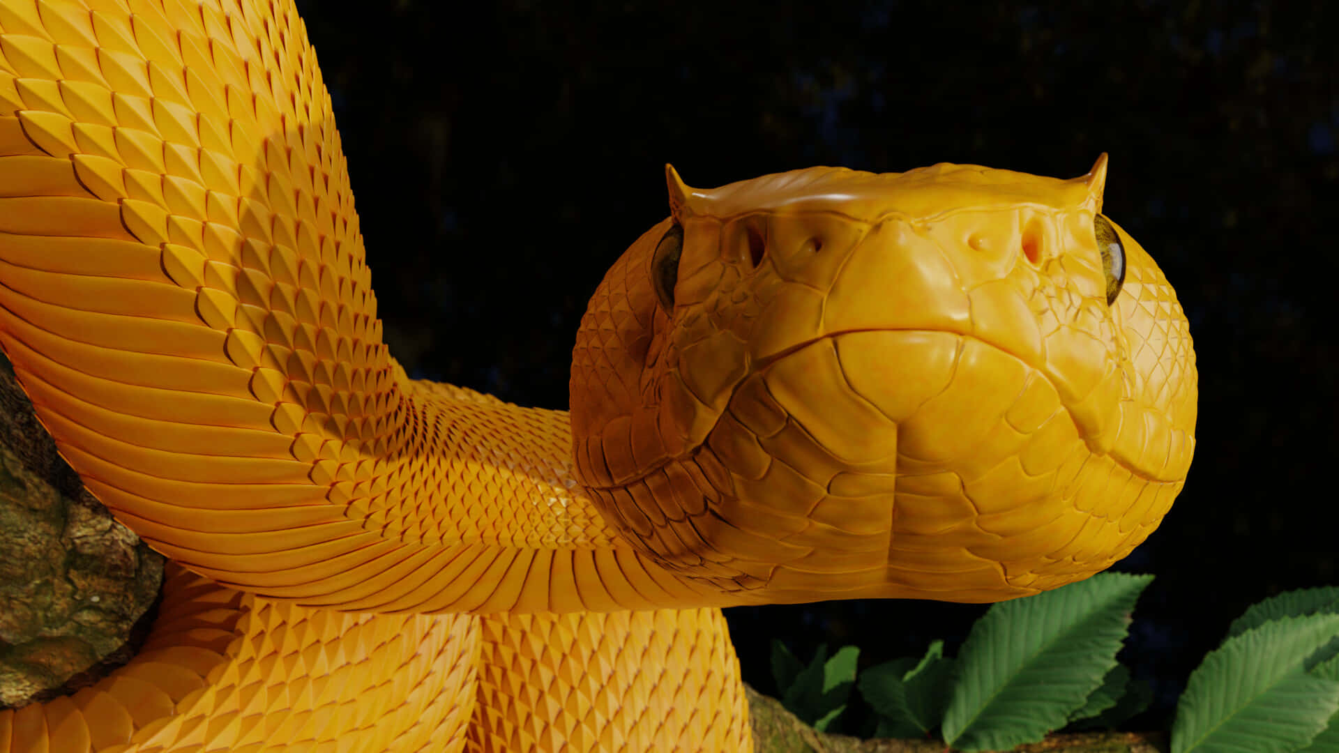 Yellow Snake 桌布 壁紙 — 一條鮮黃色蛇的特寫，帶有詳細鱗片，在深色背景下盤繞在綠葉附近。