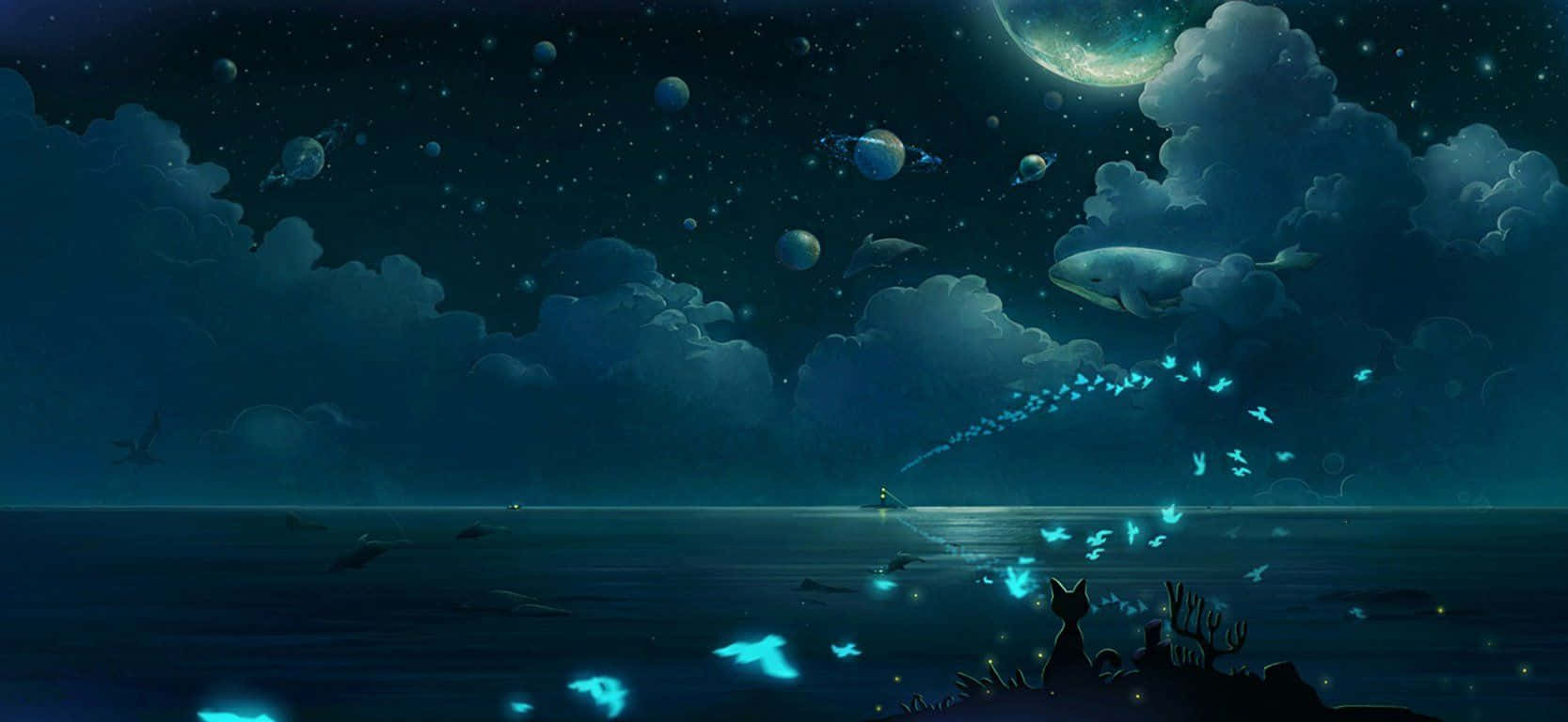Manga Universe 桌布 壁紙 — 一條鯨魚在繁星點點的夜空中滑翔，下方是發光的海洋水域，漂浮著行星和生物發光的生物。
