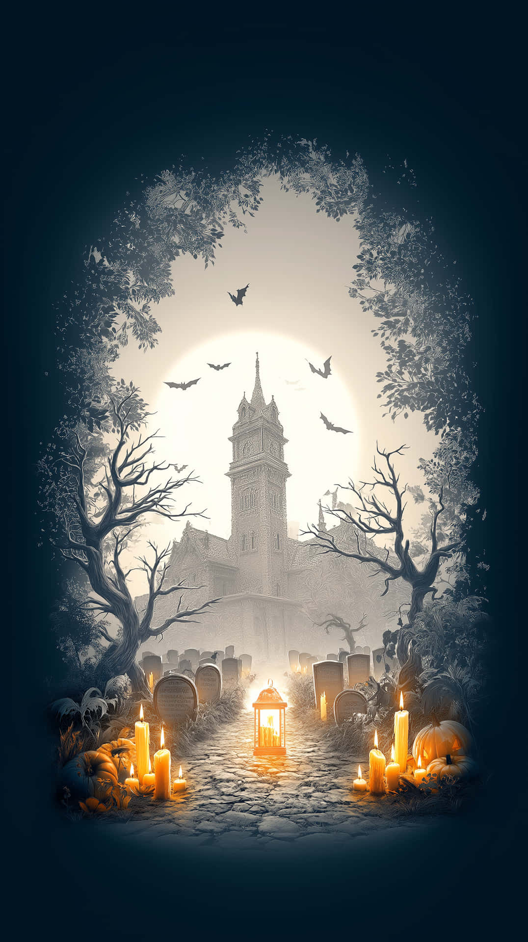 Ghostly Graveyard 壁紙 — 一條鵝卵石小徑，兩旁擺放著發光的蠟燭和南瓜，穿過迷霧籠罩的墓地，通往一座哥德式教堂，滿月下蝙蝠飛舞。