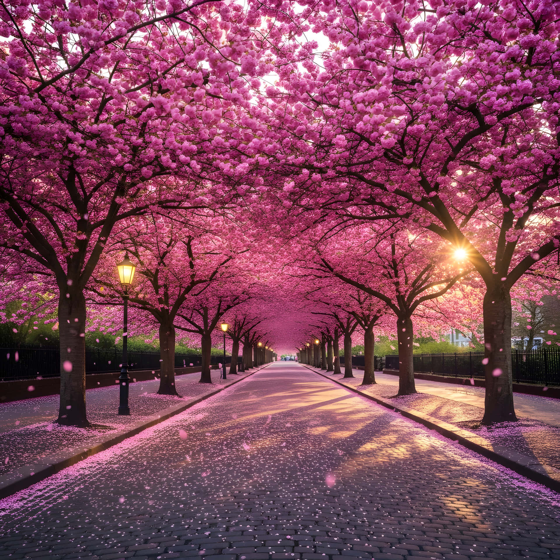 Pink blossom alley 壁紙 — 一條鵝卵石小徑兩旁種滿櫻花樹，形成充滿活力的粉紅色樹冠，陽光穿過飄落的花瓣灑落下來。