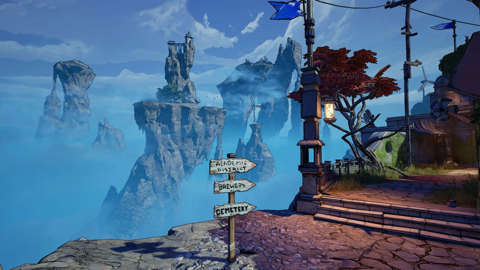 1080p Borderlands 3 桌布 壁紙 — 一條鵝卵石小徑通往藍天下的浮石尖塔，路牌指向Academic District Brewery和Cemetery。