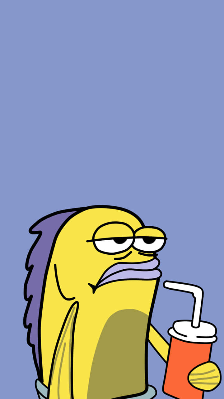 meme 桌布 壁紙 — 一條黃色卡通魚帶著疲倦的表情，在純藍色背景上從紅色杯子中啜飲。