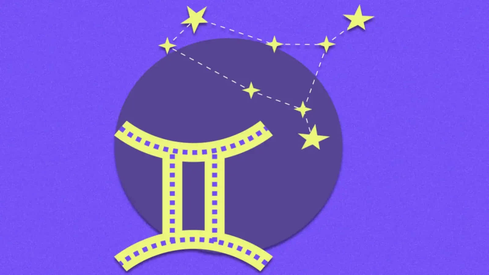 gemini 桌布 壁紙 — 一條黃色底片條，形狀為雙子座，背景為紫色，上方有星座。
