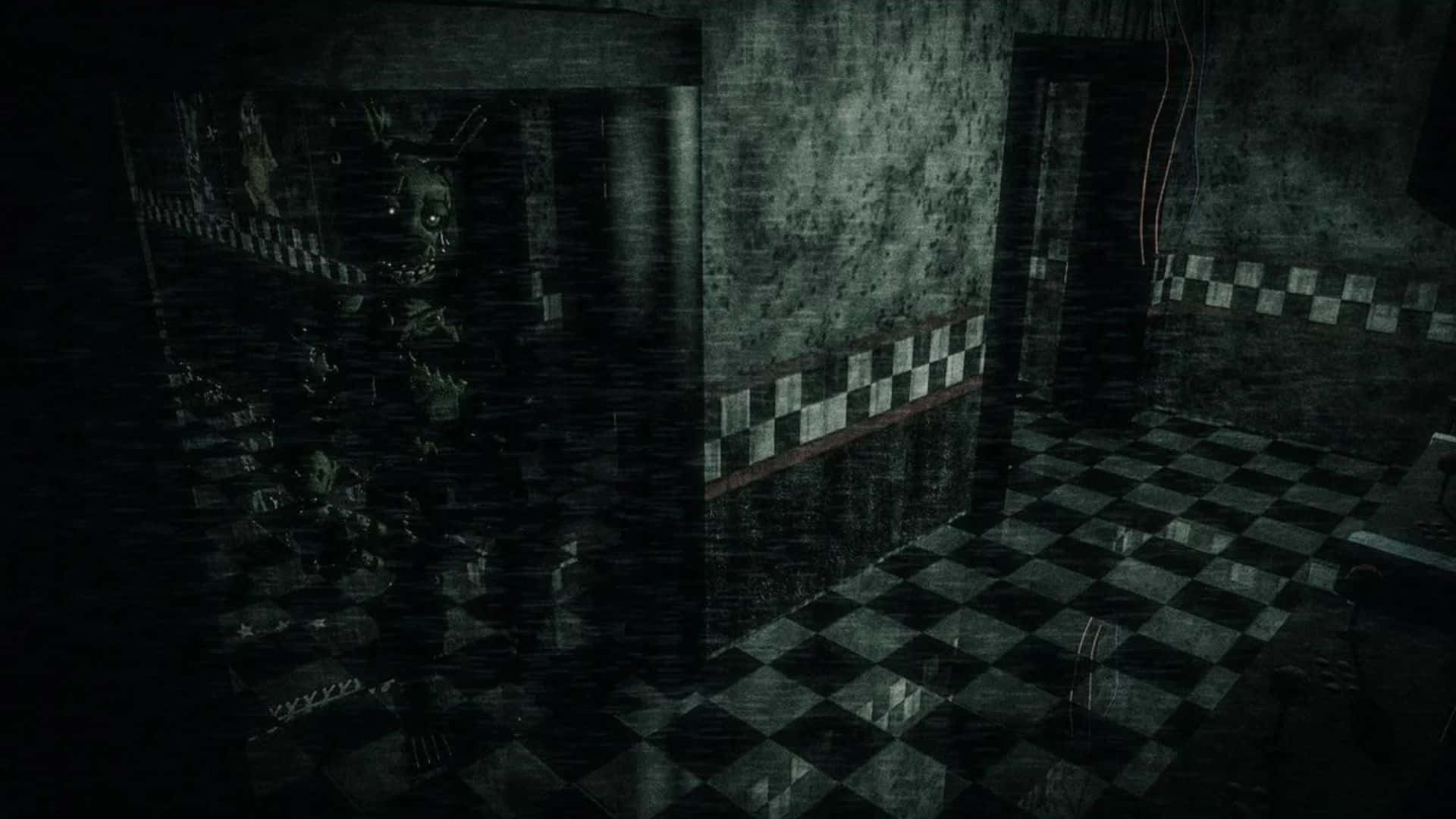 Fazbear Frights 桌布 壁紙 — 一條黑暗廢棄的走廊，地板鋪有棋盤格瓷磚，一個威脅性的電子動畫潛伏在陰影中。