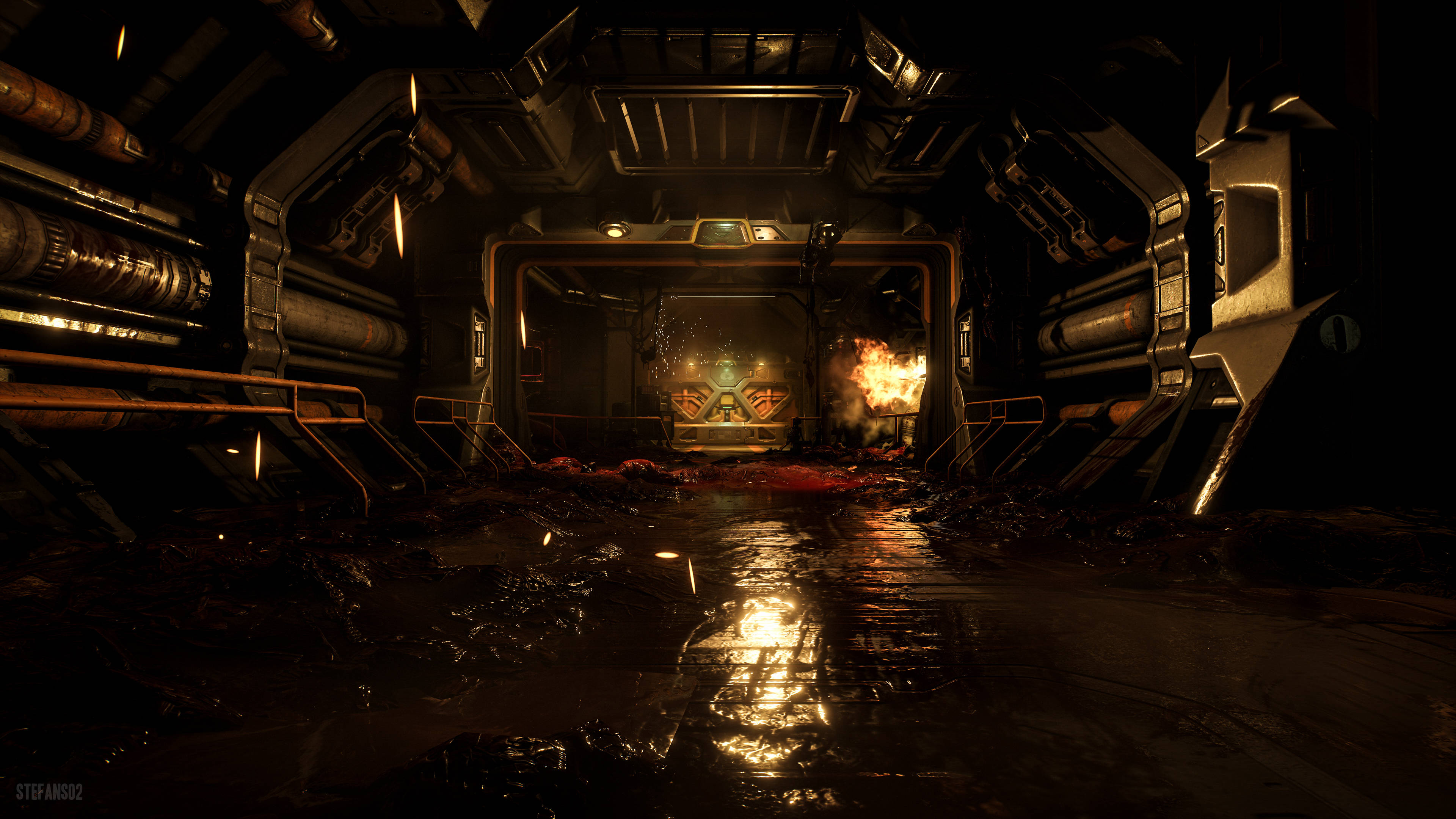 Doom 4K 桌布 壁紙 — 一條黑暗的未來主義走廊，帶有發光的管道和末端熾熱的爆炸，反射在潮濕的金屬地板上。