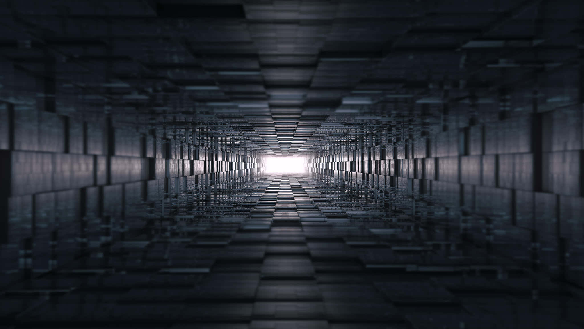 2048x1152 桌布 壁紙 — 一條黑暗的未來風格走廊，帶有棋盤格牆壁和地板，通向遠端明亮的發光出口。