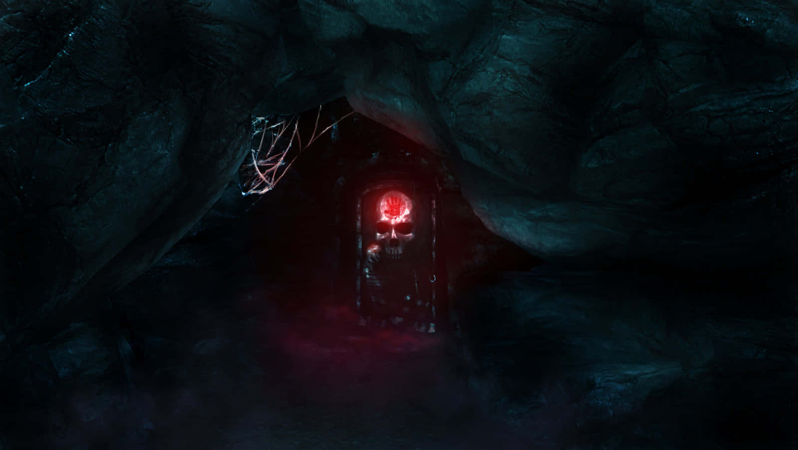 Dark Brotherhood 桌布 壁紙 — 一條黑暗的洞穴隧道通向一扇發光的紅色骷髏門，在潮濕的石牆上投射出詭異的光芒。