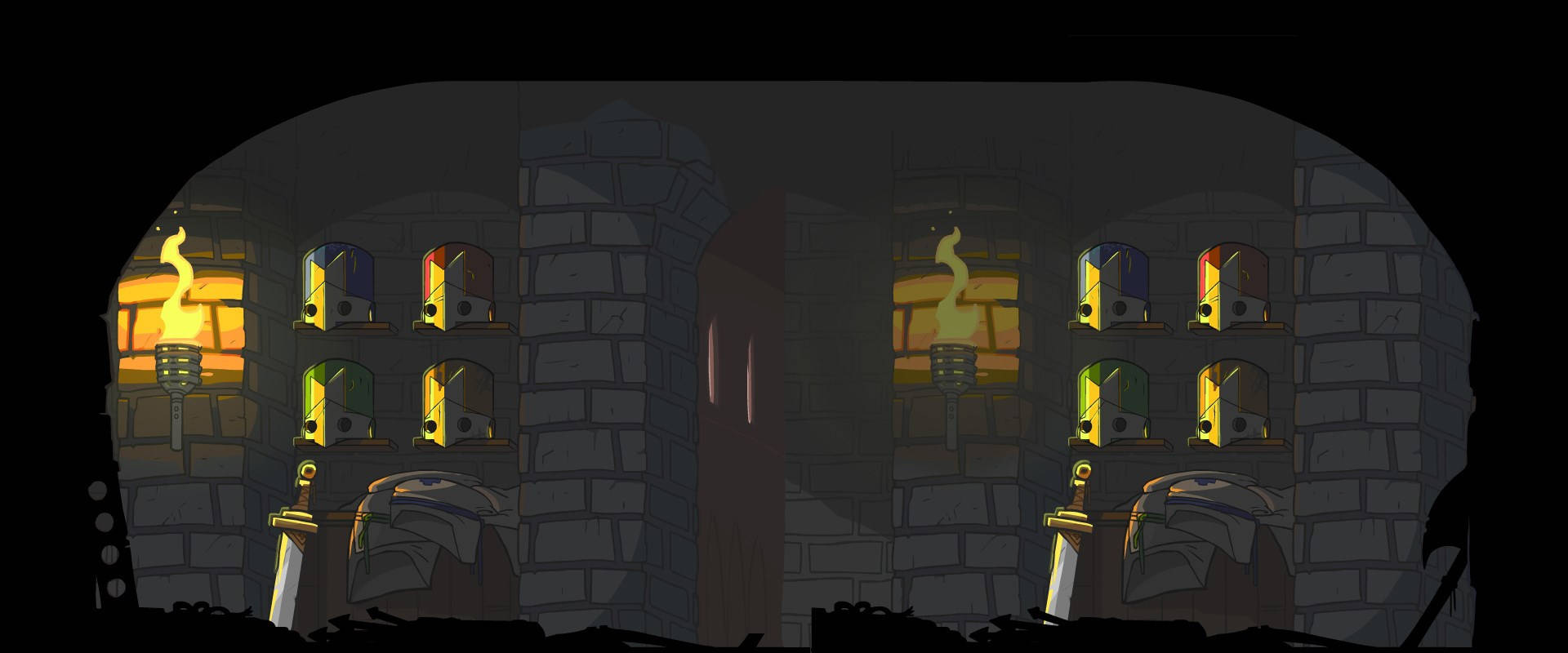 Castle Crashers 桌布 壁紙 — 一條黑暗的石造地牢走廊，有閃爍的火把和發光的窗戶，露出色彩繽紛的彩繪玻璃。