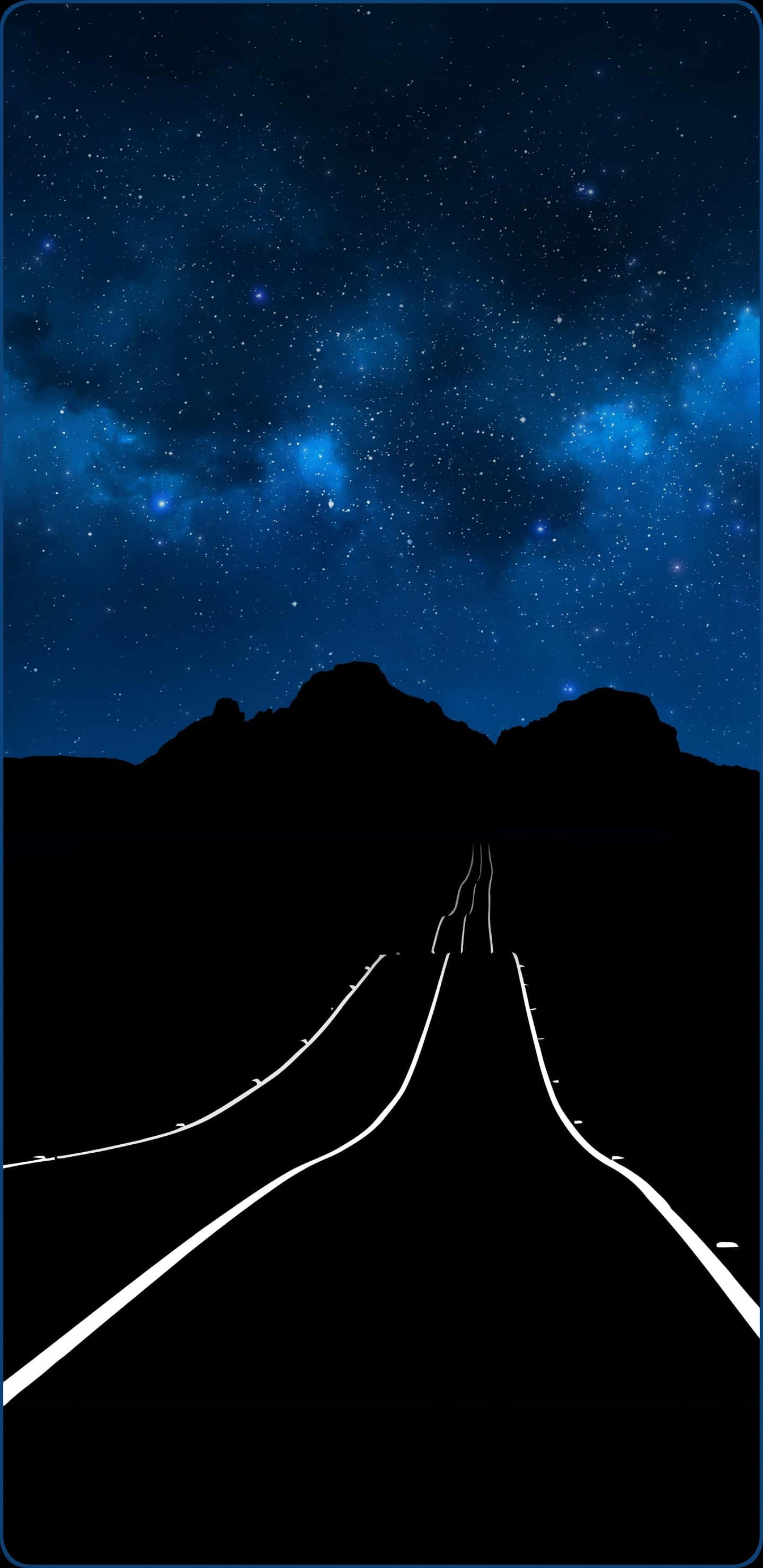 amoled 4K 桌布 壁紙 — 一條黑暗的道路在充滿活力的星空下延伸向遠山，伴隨著發光的藍色星雲。