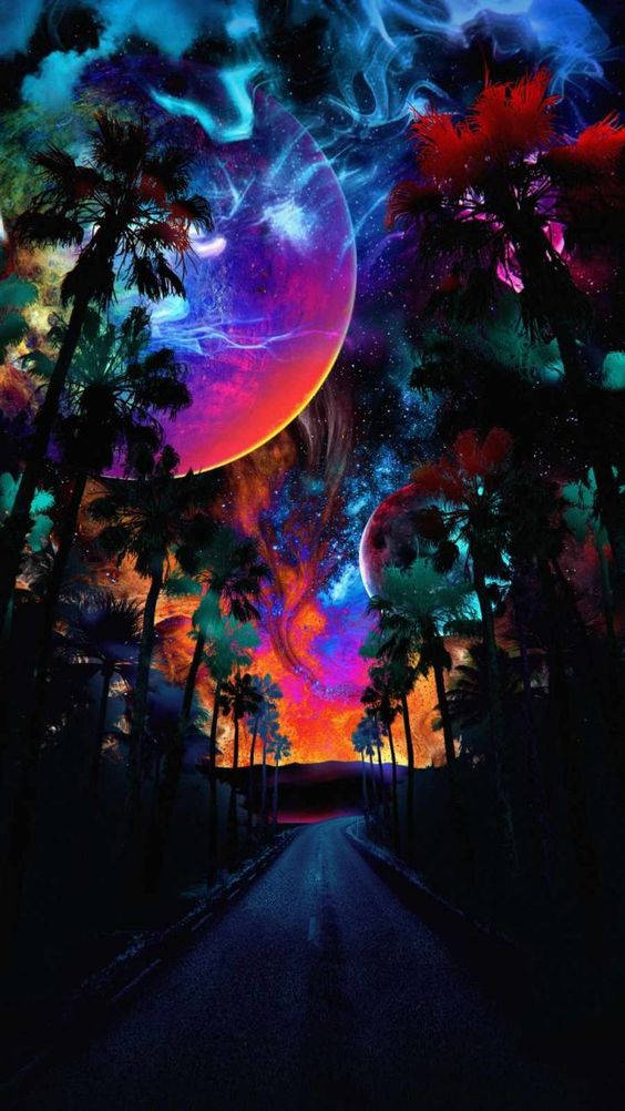 dark neon iPhone 桌布 壁紙 — 一條黑暗的道路蜿蜒穿過棕櫚樹，上方是超現實的宇宙天空，有發光的行星和鮮豔的星雲。