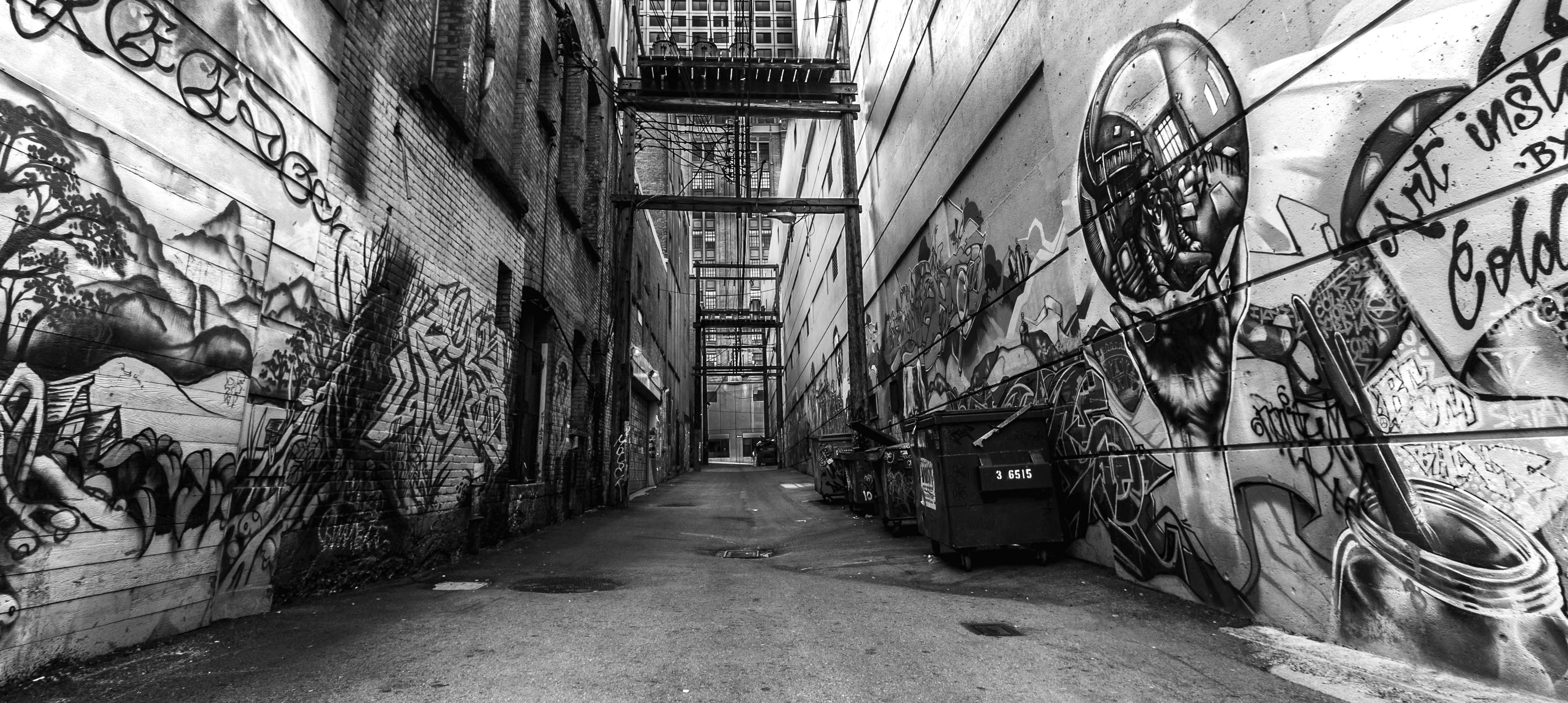 Black And White Street 桌布 壁紙 — 一條黑白城市小巷，兩旁有詳細的塗鴉壁畫，頭頂有工業金屬步道。