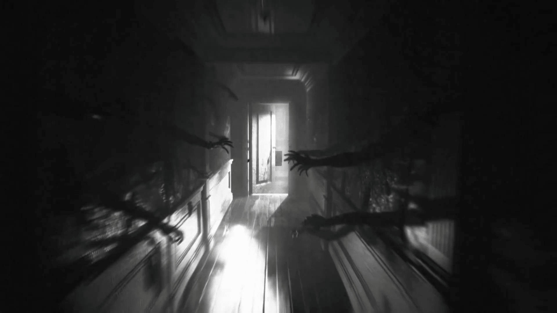 Layers 桌布 壁紙 — 一條黑白恐怖走廊，有手從黑暗中伸出，抓向盡頭的明亮門口。