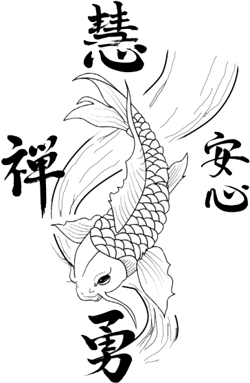 koi 桌布 壁紙 — 一條黑白線條藝術的錦鯉向上游動，周圍環繞著流動的水和漢字。