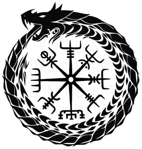 tattoo 壁紙 — 一條黑白風格化的龍環繞著一個帶有複雜符文和對稱圖案的維京指南針玫瑰。