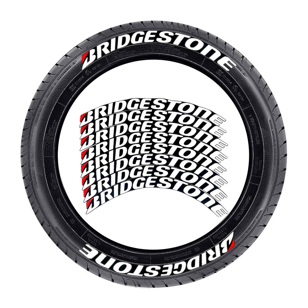 標誌 桌布 壁紙 — 一條黑色Bridgestone輪胎，側壁上以粗體白色和紅色重複呈現彎曲圖案的品牌標誌。