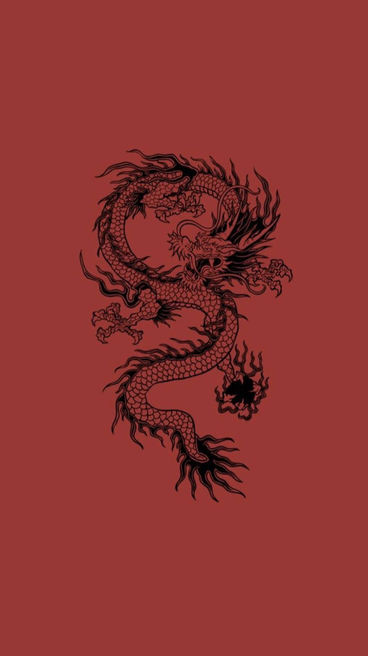 日式龍 桌布 壁紙 — 一條黑色墨水的傳統龍在純深紅色背景上動態盤繞。