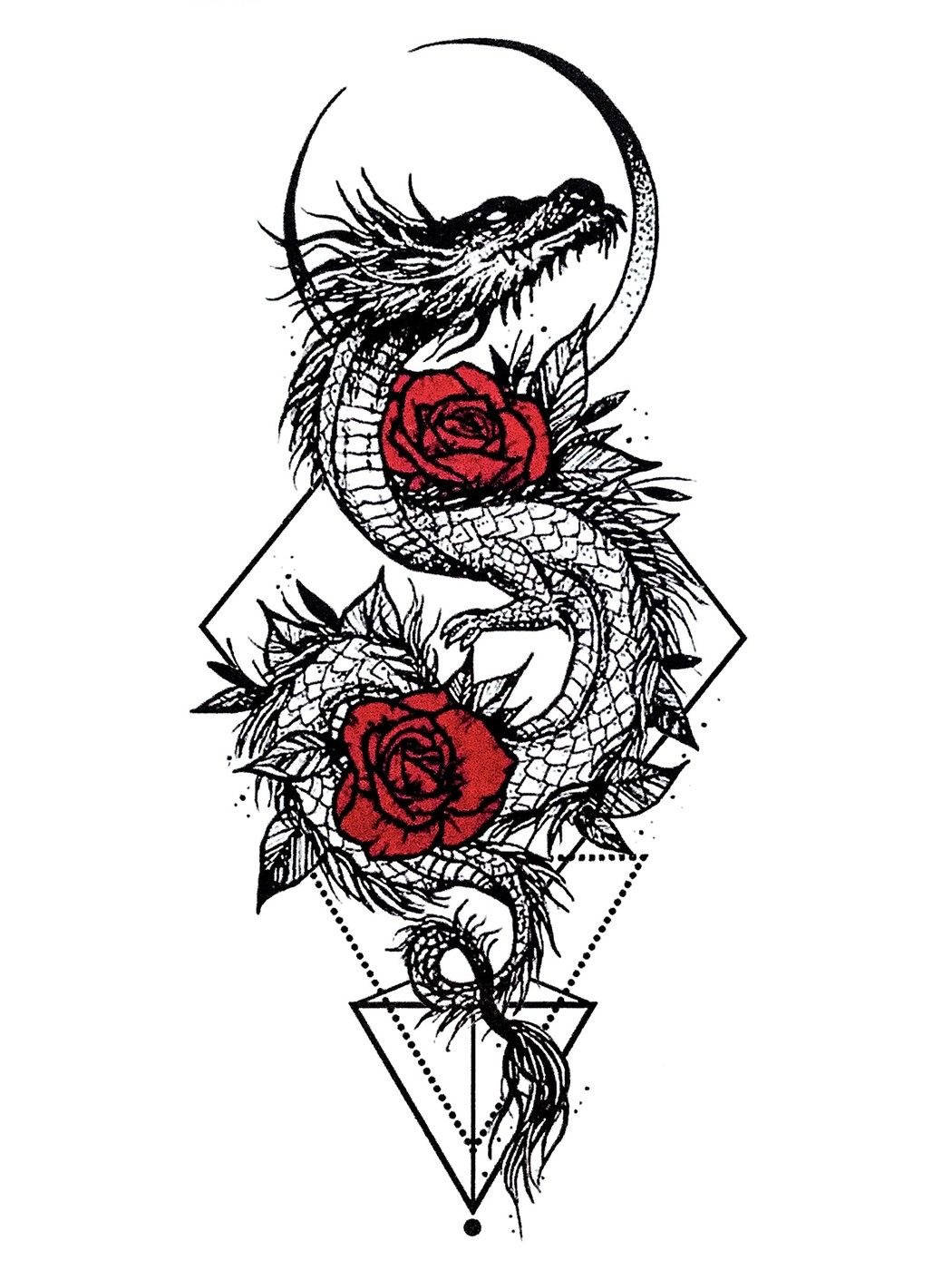 Japanese Dragon Tattoo 桌布 壁紙 — 一條黑色墨水龍纏繞著兩朵鮮紅的玫瑰，周圍是幾何圖案和彎月。