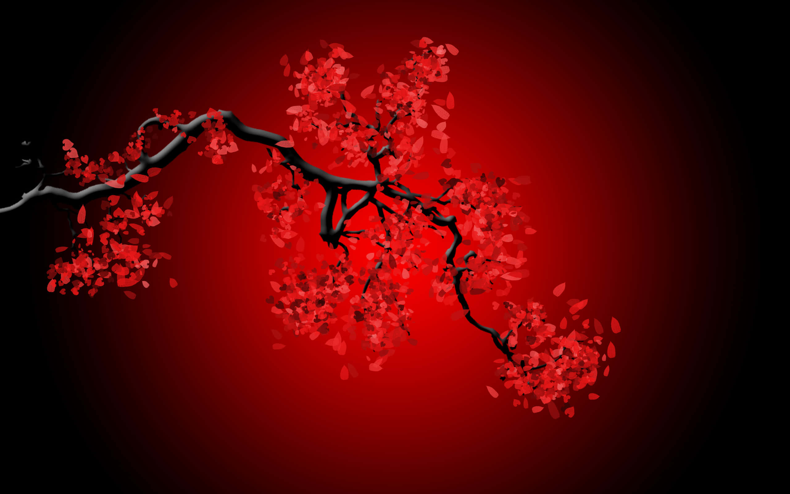 1080p Red And Black 桌布 壁紙 — 一條黑色櫻花樹枝在深紅色漸層背景上綻放出鮮豔的紅色花瓣。