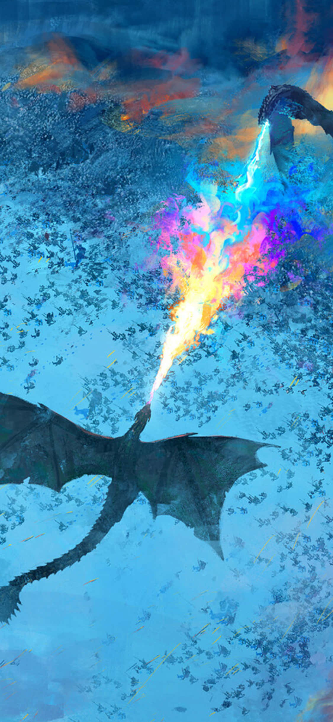 Game Of Thrones iPhone 桌布 壁紙 — 一條黑色的龍在暴風雨的天空中翱翔，對著冰冷的雲層噴出鮮豔的彩虹火焰。