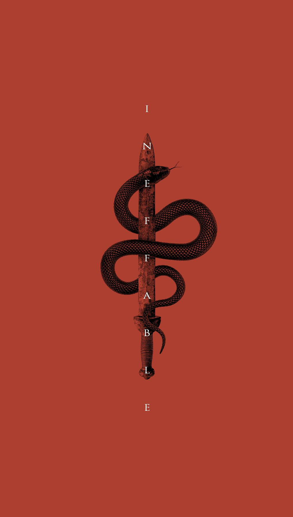 Good Omens 桌布 壁紙 — 一條黑蛇纏繞著一把匕首，刀身上垂直刻有「INEFFABLE」字樣，背景為純鏽色。