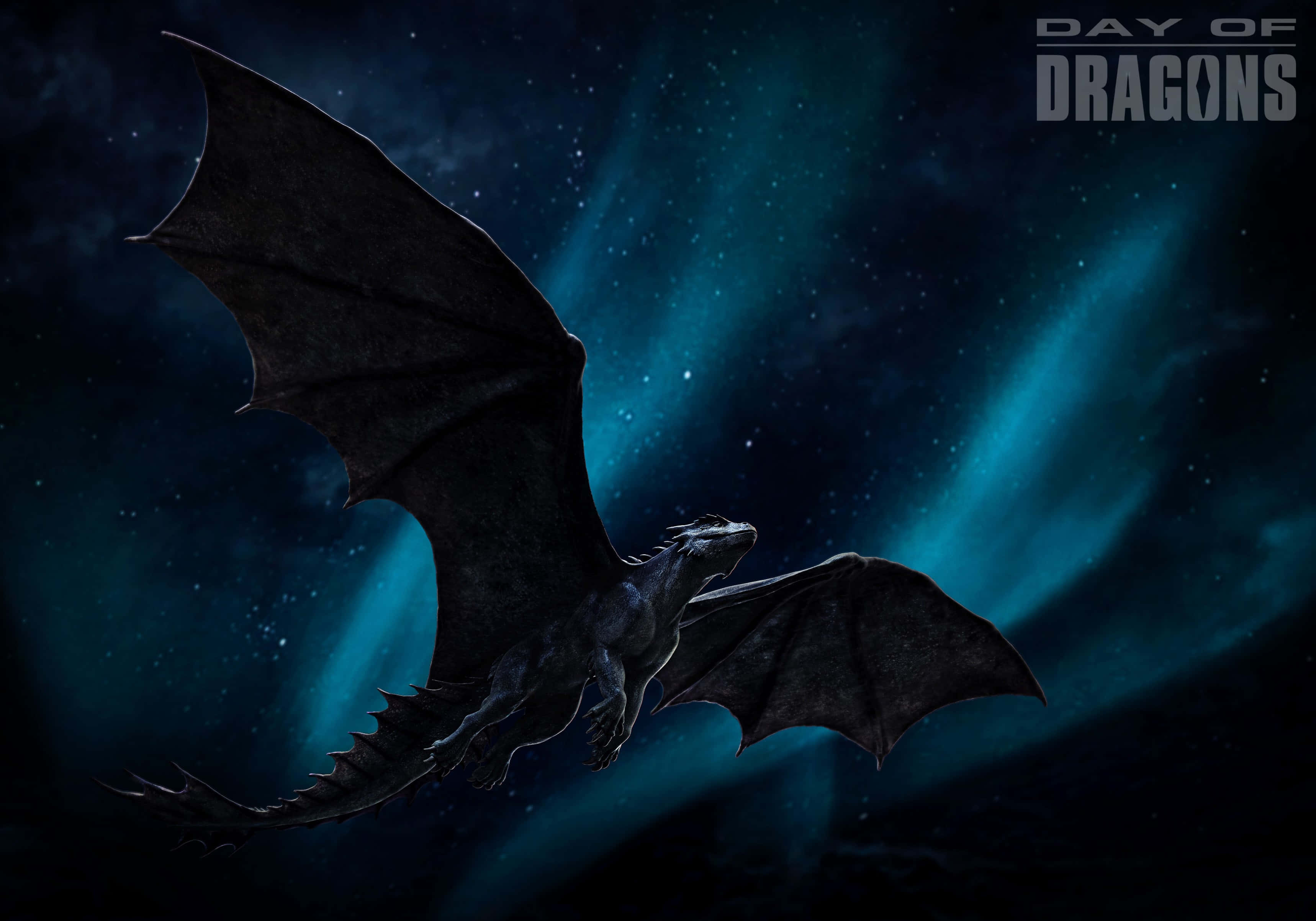 Beautiful Dragon 桌布 壁紙 — 一條黑龍在繁星點點的夜空中翱翔，被充滿活力的綠色極光照亮。