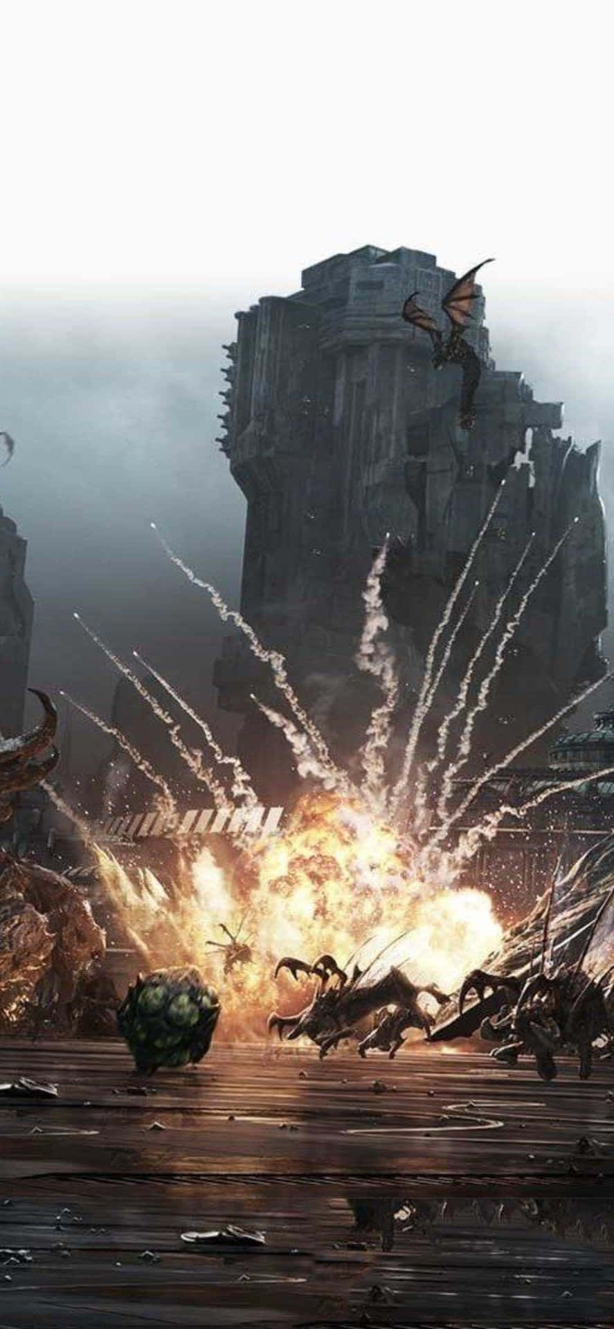 電玩遊戲 桌布 壁紙 — 一條龍在 crumbling 堡壘上空翱翔，下方熾熱的爆炸在混亂的戰鬥場景中爆發。