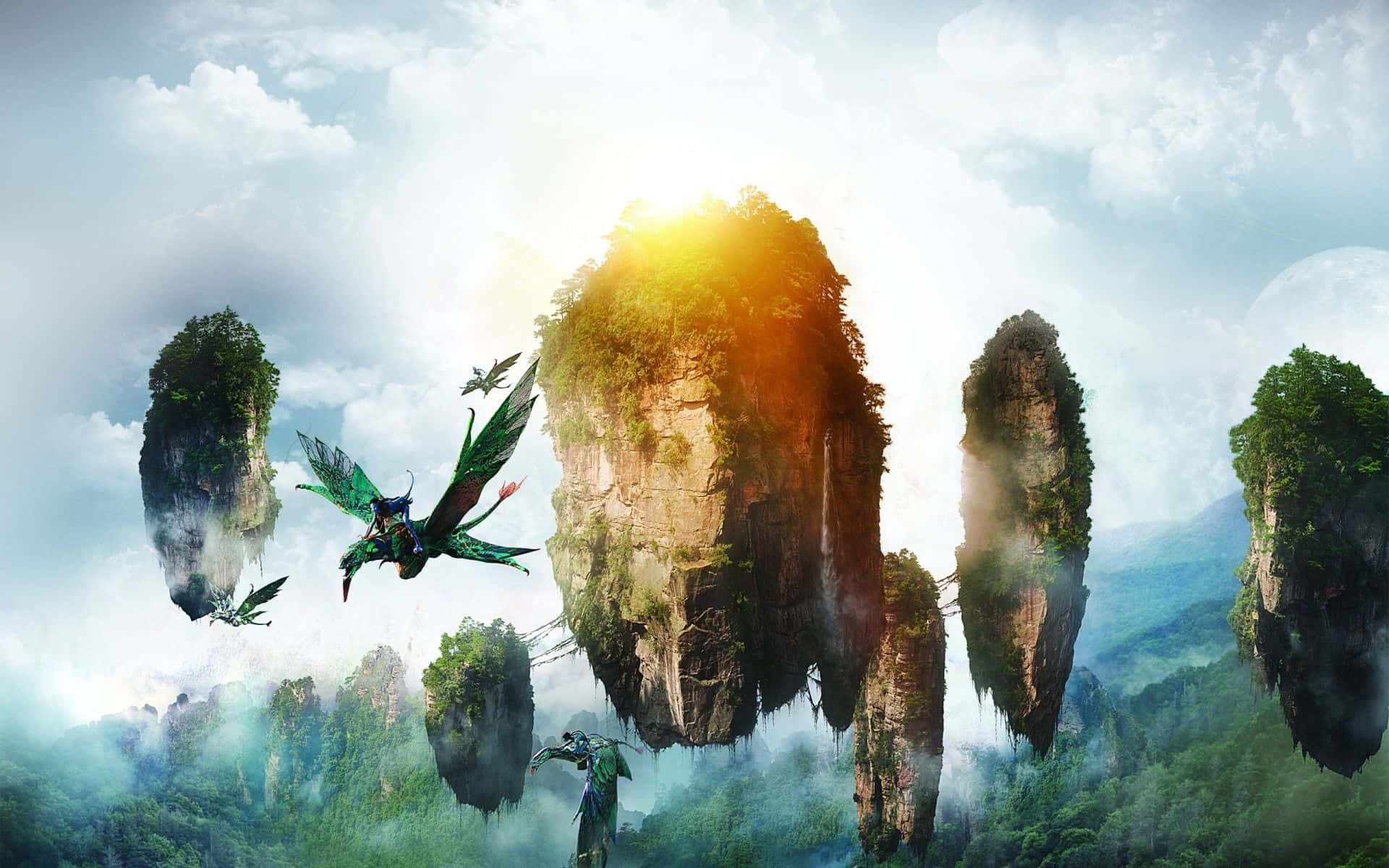 潘朵拉 桌布 壁紙 — 一條龍在巨大的浮山之間翱翔，沐浴在穿透雲層的金色陽光中。